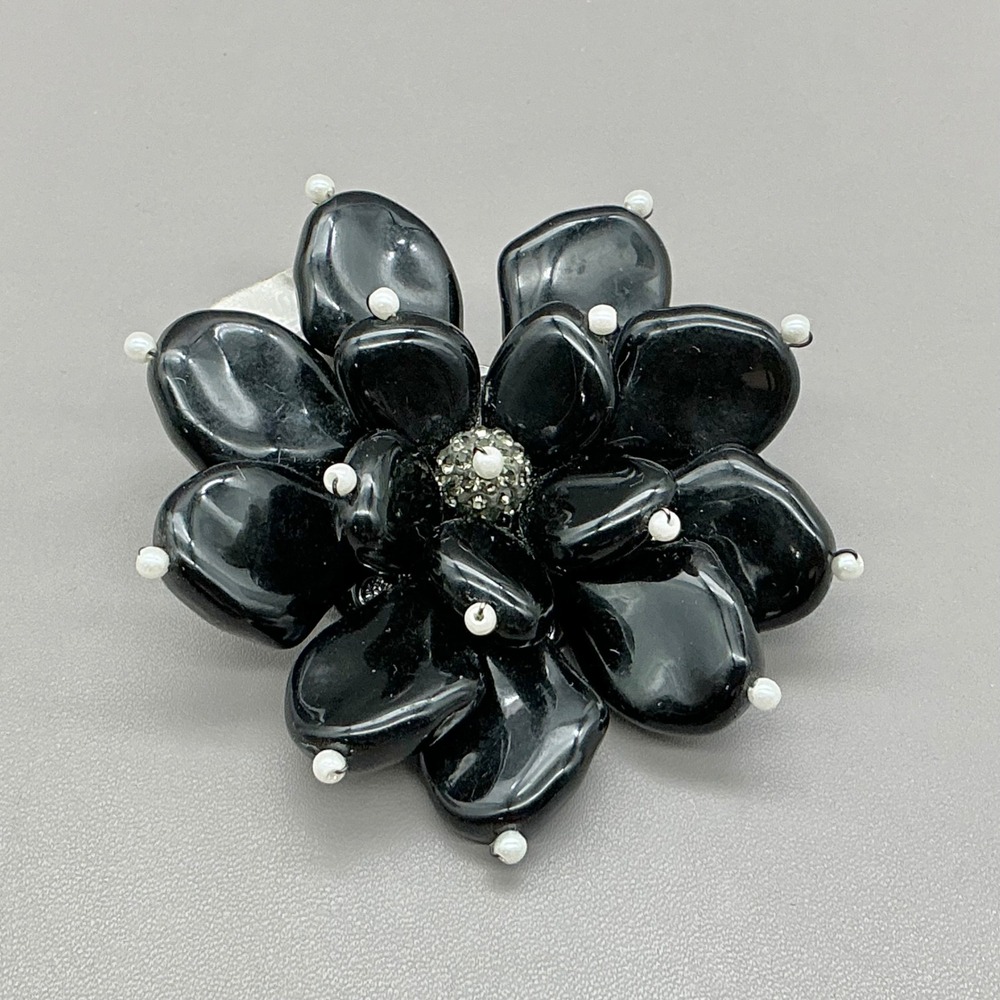 Chico's Flower Brooch Pin Womens Black Faux Pearl Rhinestone Petal Statement